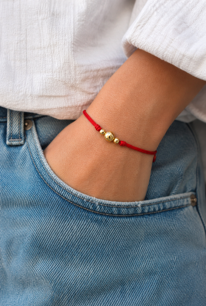 18K Solid Gold Smooth Triple Bead Bracelet, 5mm | Red String Cord | Minimalist Bracelet | Handmade in Miami, Florida