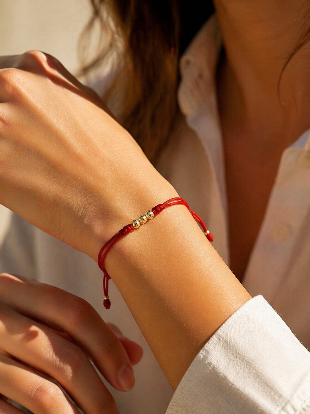 18K Solid Gold Diamond-Cut Triple Bead Bracelet, 4mm | Double Red String Cord | Good Luck Bracelet | Handmade in Miami, Florida