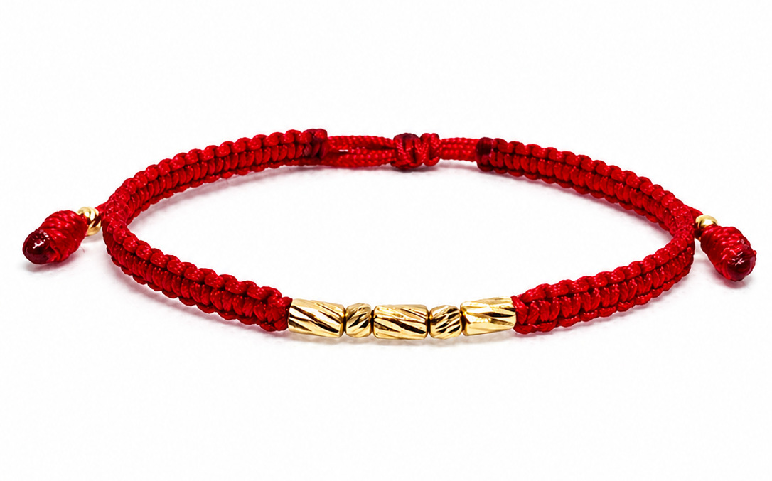 18K Solid Gold Diamond-Cut Bead & Tube Bracelet | Macramé Cord | Protection Bracelet | Handmade in Miami, Florida