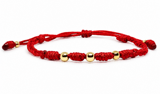18K Solid Gold Smooth Triple Bead Bracelet, 4mm | Braided Red Cord | Minimalist Bracelet | Handmade in Miami, Florida