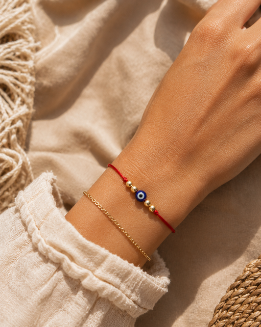 18K Solid Gold Evil Eye Bracelet | Red String Cord | Protection Bracelet | Handmade in Miami, Florida