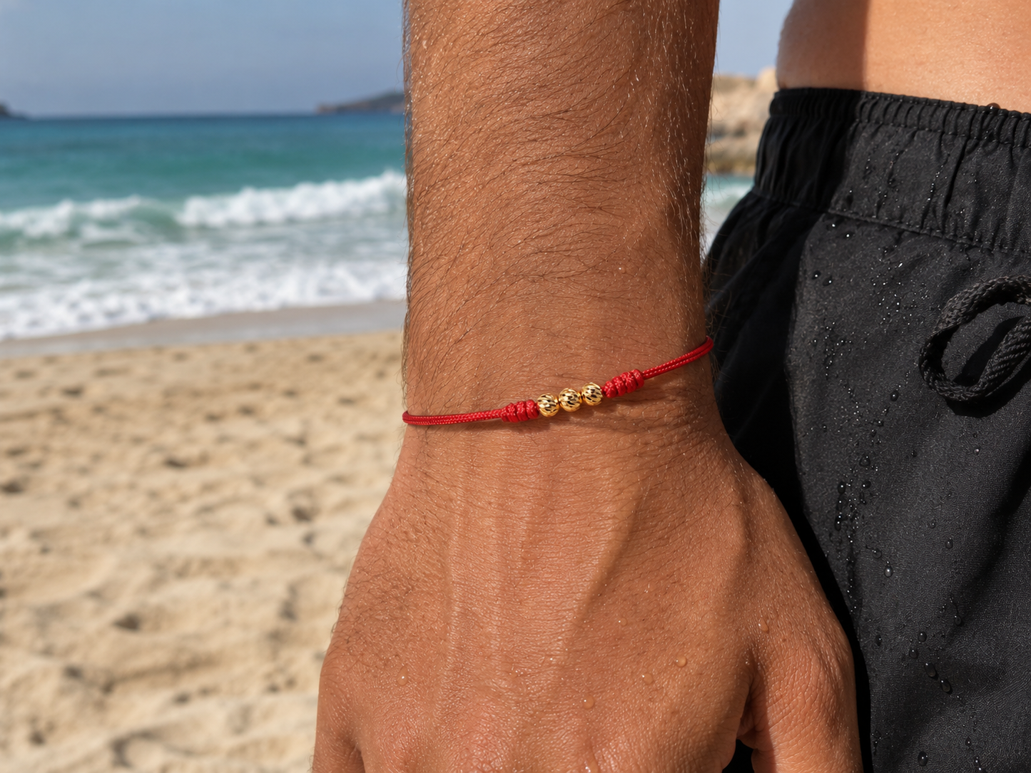 18K Solid Gold Diamond-Cut Triple Bead Bracelet, 4mm | Red String Cord | Good Luck Bracelet | Handmade in Miami, Florida