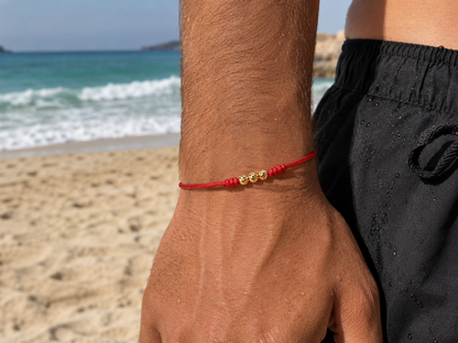 18K Solid Gold Diamond-Cut Triple Bead Bracelet, 4mm | Red String Cord | Good Luck Bracelet | Handmade in Miami, Florida