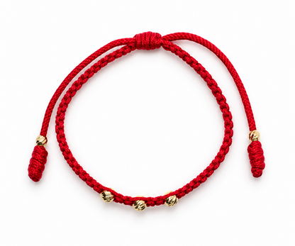 18K Solid Gold Diamond-Cut Triple Bead Baby Bracelet | Macramé Red Cord | Handmade in Miami, FL